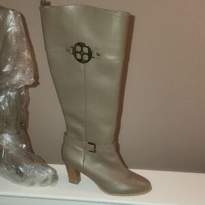 IMAN Taupe Heeled Boots with Gold Accent